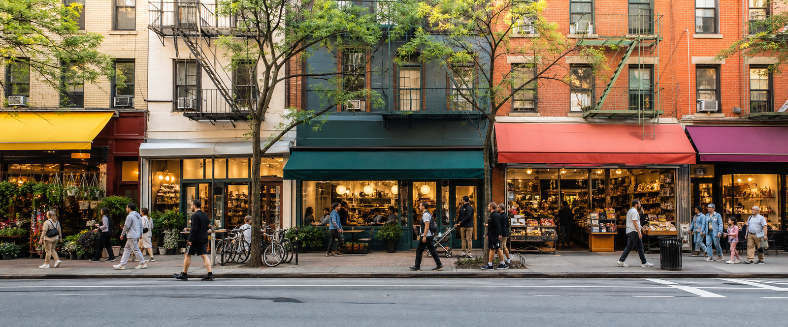 Busy row of downtown neighborhood storefronts and local shops