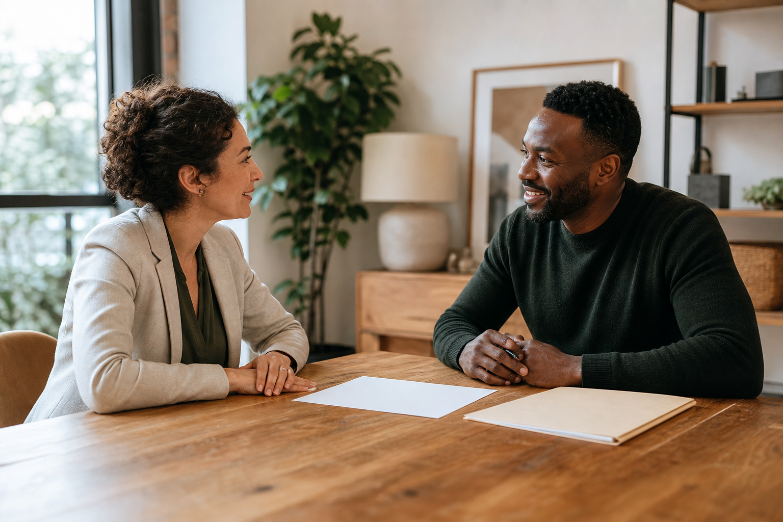 A business owner speaking with an advisor in a welcoming workspace