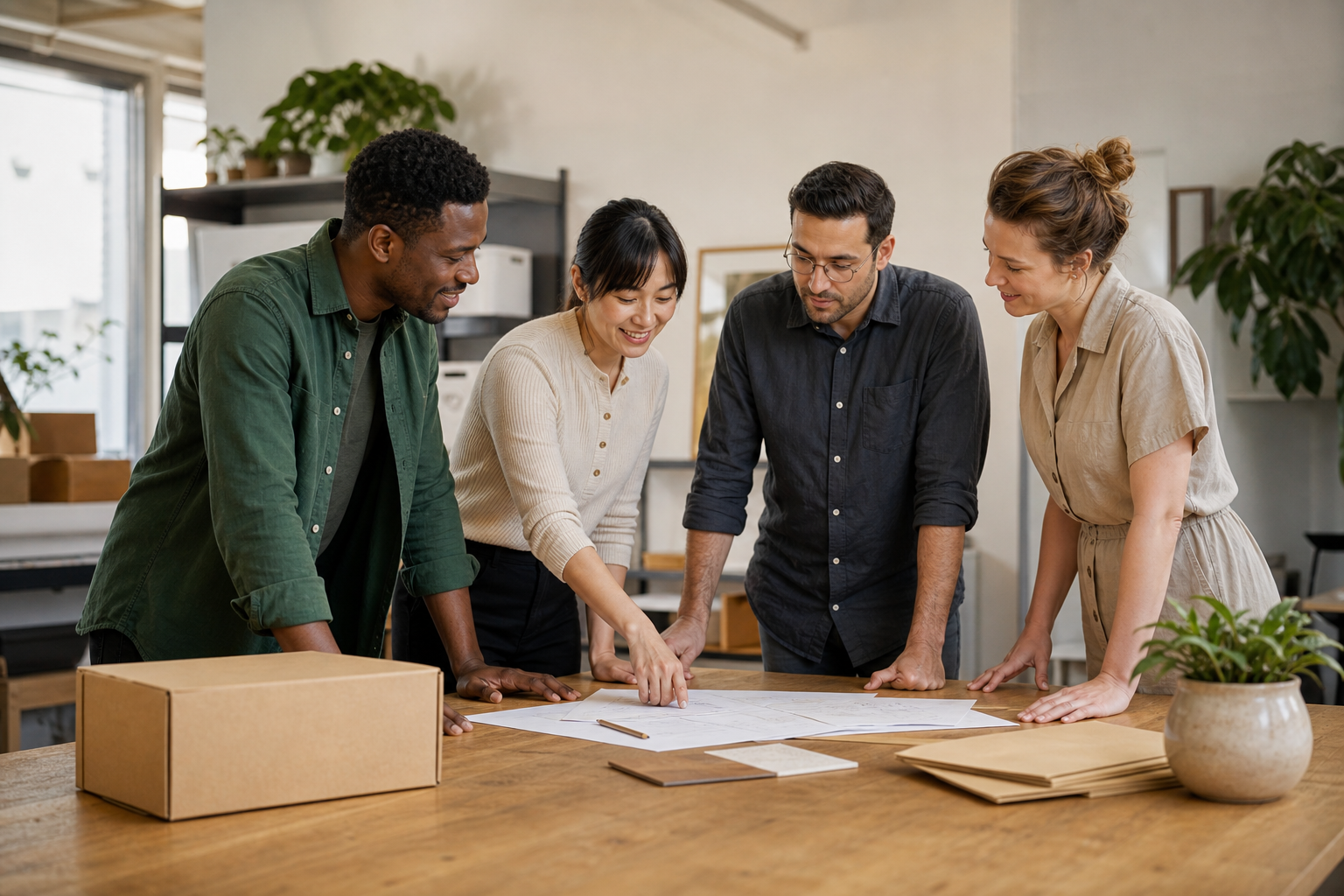 A diverse group of business owners collaborating around a worktable